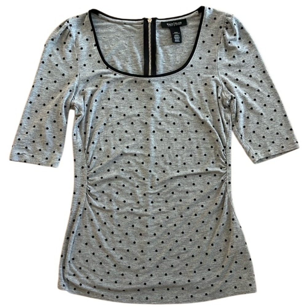 WHITE HOUSE BLACK MARKET GRAY & BLACK POLKA DOTTED SHORT SLEEVE TOP PULLOVER XXS